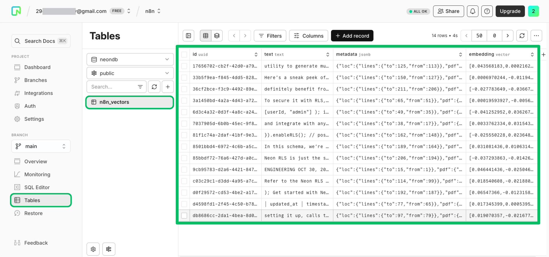 Verifying data in Neon Console